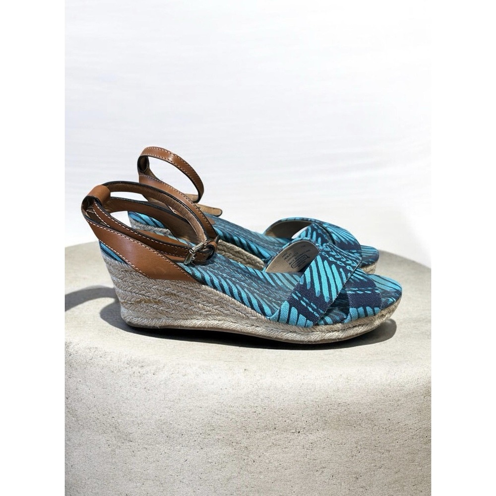 Coach Henley Espadrille Wedge Sandals 7.5B Blue Turquoise Print Ankle Strap $178
